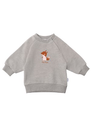 Light gray sweatshirt with raglan sleeves, featuring a brown fox illustration and the text “Forest Friend” below. Soft fabric texture, cozy design.