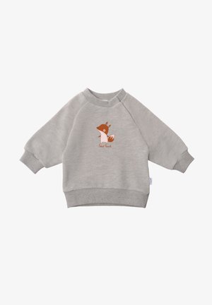 Light gray sweatshirt with raglan sleeves, featuring a brown fox illustration and the text “Forest Friend” below. Soft fabric texture, cozy design.