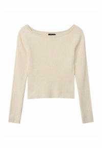 Gerippter, cremefarbener Pullover mit langen Ärmeln, weitem Ausschnitt und verkürzter Länge. Weiche Textur und taillierter Schnitt. Keine sichtbaren Verzierungen.