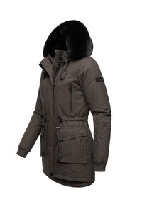 Dark gray parka jacket with faux fur hood, zippered chest pocket, adjustable drawstrings at waist and hem, and elastic cuffs.