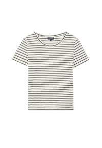 Camiseta de manga corta a rayas en crema con rayas horizontales negras, con un cuello redondo y textura suave de algodón.
