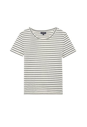 Gestreept T-shirt met korte mouwen in crème met zwarte horizontale strepen, met een ronde halslijn en een zachte katoenen textuur.