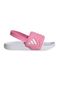 Ροζ σανδάλια σαγιονάρα με υφή στον ιμάντα, λευκή σόλα και τρεις λευκές διαγώνιες ρίγες στο πλάι για το λογότυπο. Ρυθμιζόμενος πίσω ιμάντας.