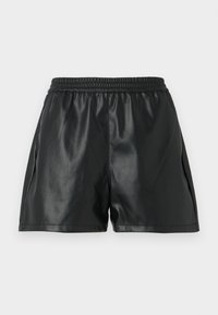 Zwarte nep leren shorts met een elastische tailleband, voorzien van een gladde textuur en een losse pasvorm. Geen zichtbare patronen of accenten.