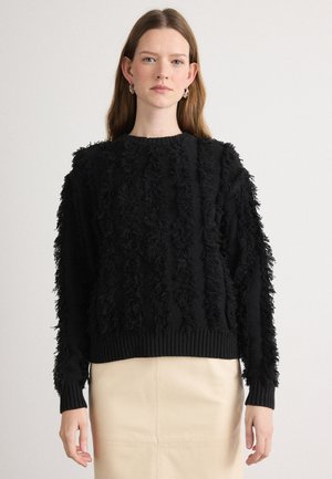 LONG SLEEVE CREW NECK FRINGE STITCHING - Džemperis - black