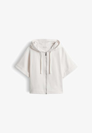 Weißer kurzärmeliger Hoodie mit Frontreißverschluss und Kordelzug, auf weißem Hintergrund dargestellt.