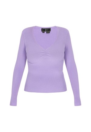 Lila geripptes Langarm-Sweatshirt mit tiefem V-Ausschnitt und gerafftem Detail an der Brust. Hergestellt aus einem weichen, strukturierten Material. Größe S.