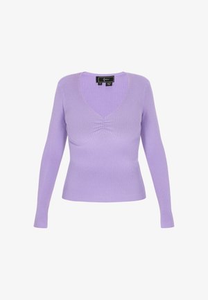 Lila geripptes Langarm-Sweatshirt mit tiefem V-Ausschnitt und gerafftem Detail an der Brust. Hergestellt aus einem weichen, strukturierten Material. Größe S.