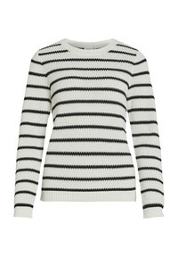 Striped sweater in white and black, featuring a round neck, long sleeves, textured fabric, and ribbed cuffs and hem.