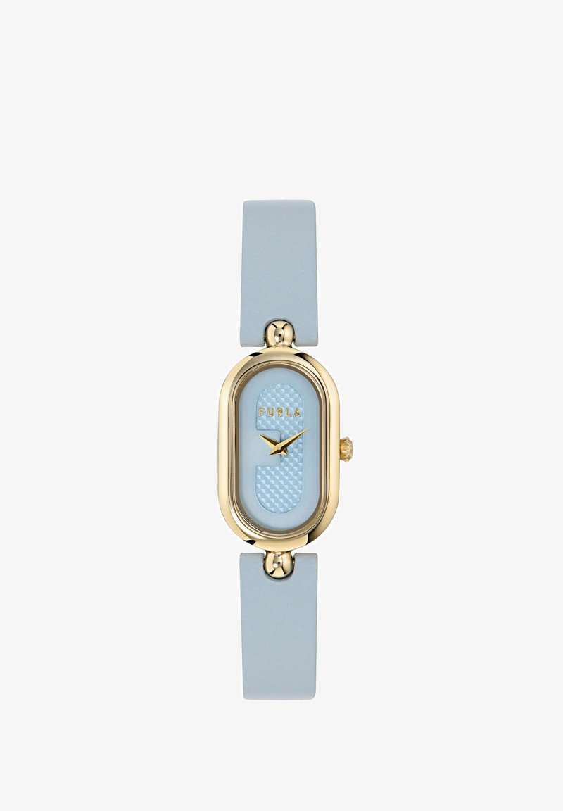 Kuldse tooniga kell, millel on helesinine tekstuuriga kellapaneel, ristküliku kuju ja matt helesinine rihm. Küljel on üks kroon.