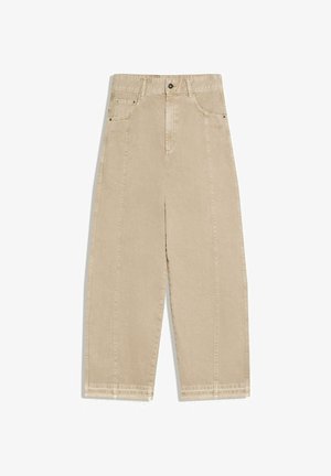 Bež kavbojke širokih nogavic z visokim pasom, sprednjimi žepi, zapiranjem na gumbe in friziranim robom.