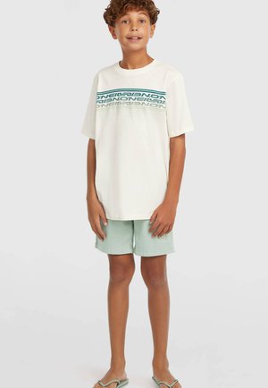 Biele bavlnené tričko s tyrkysovým grafickým dizajnom cez hruď, doplnené svetlozelenými šortkami. Ploché sandále. Jemná textúra, pohodlný strih.