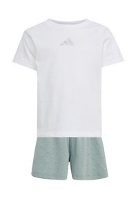White cotton t-shirt with a light embossed logo, paired with mint green shorts featuring a textured pattern of small raised dots.