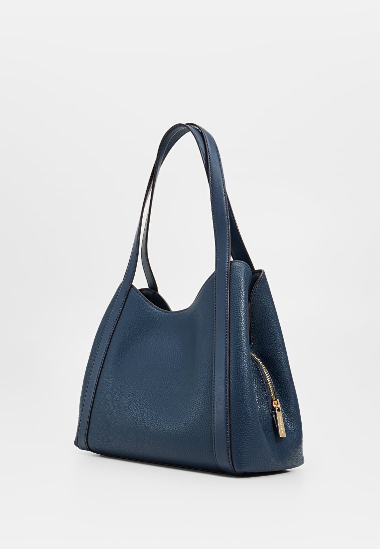 Sac à main en cuir bleu avec une finition texturée, une forme définie, des poignées doubles et un détail de poche zippée dorée.