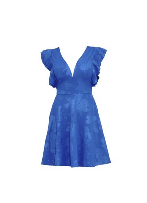 Blue dress with ruffled sleeves, V-neckline, and floral texture. Flared skirt with a smooth finish, suitable for casual to semi-formal wear.