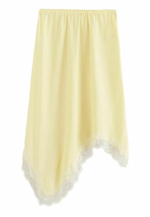 Svetložltá asymetrická sukňa s elastickým pásom a bielou čipkovanou lemovkou pozdĺž lemu.