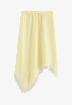 Hellgelber asymmetrischer Rock mit elastischem Bund und weißer Spitzenverzierung am Saum.