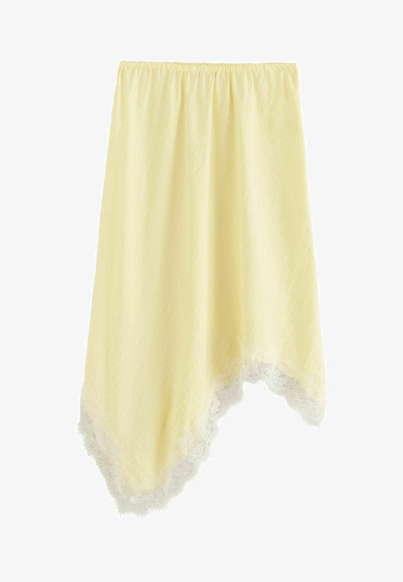 Jupe asymétrique jaune clair avec taille élastique et bordure en dentelle blanche le long de l'ourlet.