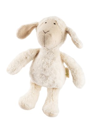 Off-white plush lamb toy with floppy ears, stitched facial features, and a soft, textured body standing upright.