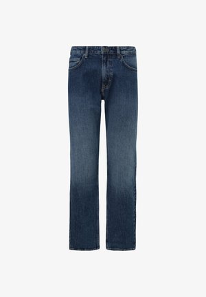 Denim jeans in medium blue, met een recht gesneden pijp, vijf zakken, knoopsluiting aan de voorkant en lichte vervaging op de dijen.