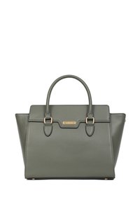 Groene leren handtas met dubbele handvatten bovenaan, hardware in goudkleur en een gestructureerde vorm. Heeft een textuur oppervlak en decoratieve accenten.