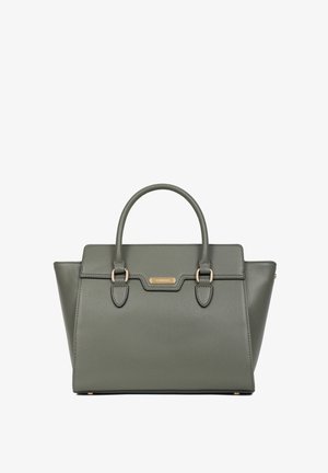 Groene leren handtas met dubbele handvatten bovenaan, hardware in goudkleur en een gestructureerde vorm. Heeft een textuur oppervlak en decoratieve accenten.