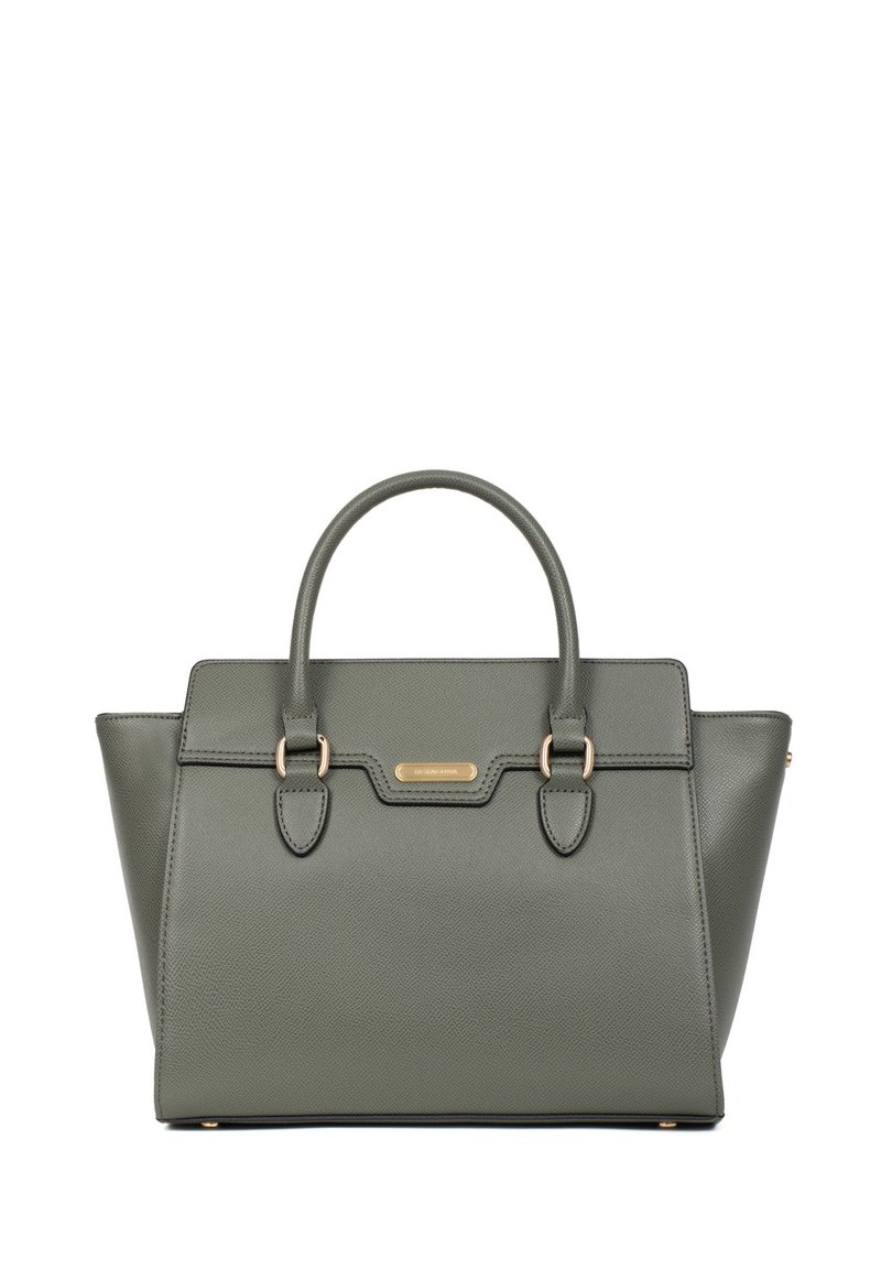 Groene leren handtas met dubbele handvatten bovenaan, hardware in goudkleur en een gestructureerde vorm. Heeft een textuur oppervlak en decoratieve accenten.