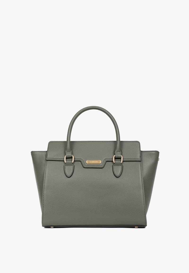 Groene leren handtas met dubbele handvatten bovenaan, hardware in goudkleur en een gestructureerde vorm. Heeft een textuur oppervlak en decoratieve accenten.