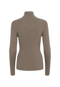 Maglione aderente a coste con collo alto in marrone spento. Presenta maniche lunghe e collo alto. Tessuto liscio, design minimale.