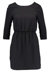 Schwarzes Kleid mit rundem Ausschnitt, dreiviertellangen Ärmeln, elastischer Taille und glatter Textur. Einfaches Design ohne sichtbare Muster oder Akzente.