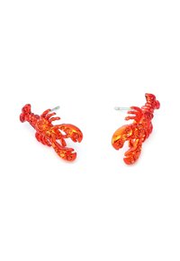 Red resin lobster-shaped earrings with shiny accents, featuring detailed claws and a textured surface. Silver metal posts for attachment.