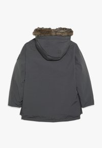 Grijze winterjas met een bont gevoerde capuchon, voorzien van een zachte textuur en een ontspannen pasvorm. Geen zichtbare hardware of patronen aan de achterkant.