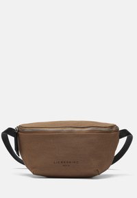 Brun stof bæltetaske med justerbar sort læderrem og sølvlynlås, og med lille "LIEBESKIND BERLIN" logo i midten foran.