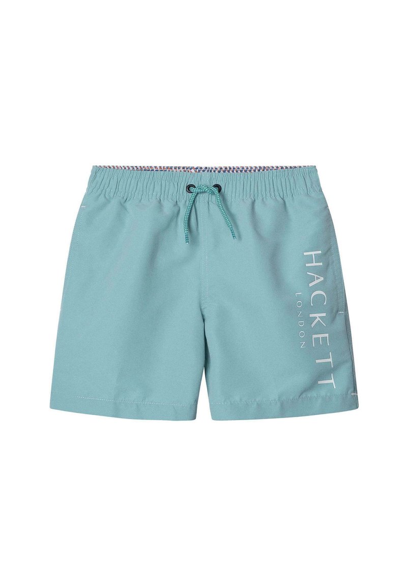 Shorts da bagno azzurri chiari realizzati in tessuto ad asciugatura rapida, con una vita elastica e un cordoncino, e logo bianco sul lato.