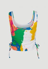 Débardeur de sport coloré avec encolure dégagée, cordons sur les côtés, et motif éclaboussé abstrait en vert, bleu, jaune, blanc, orange et rose.