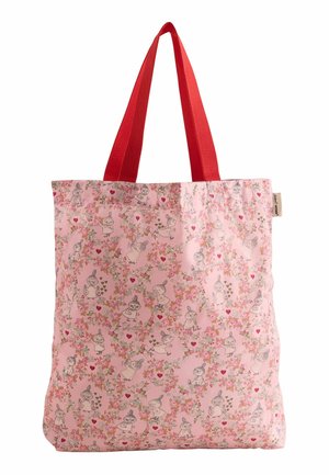 Reusable tote bag in pink fabric with floral patterns and cartoon characters. Features red handles and simplistic design, lightweight material.