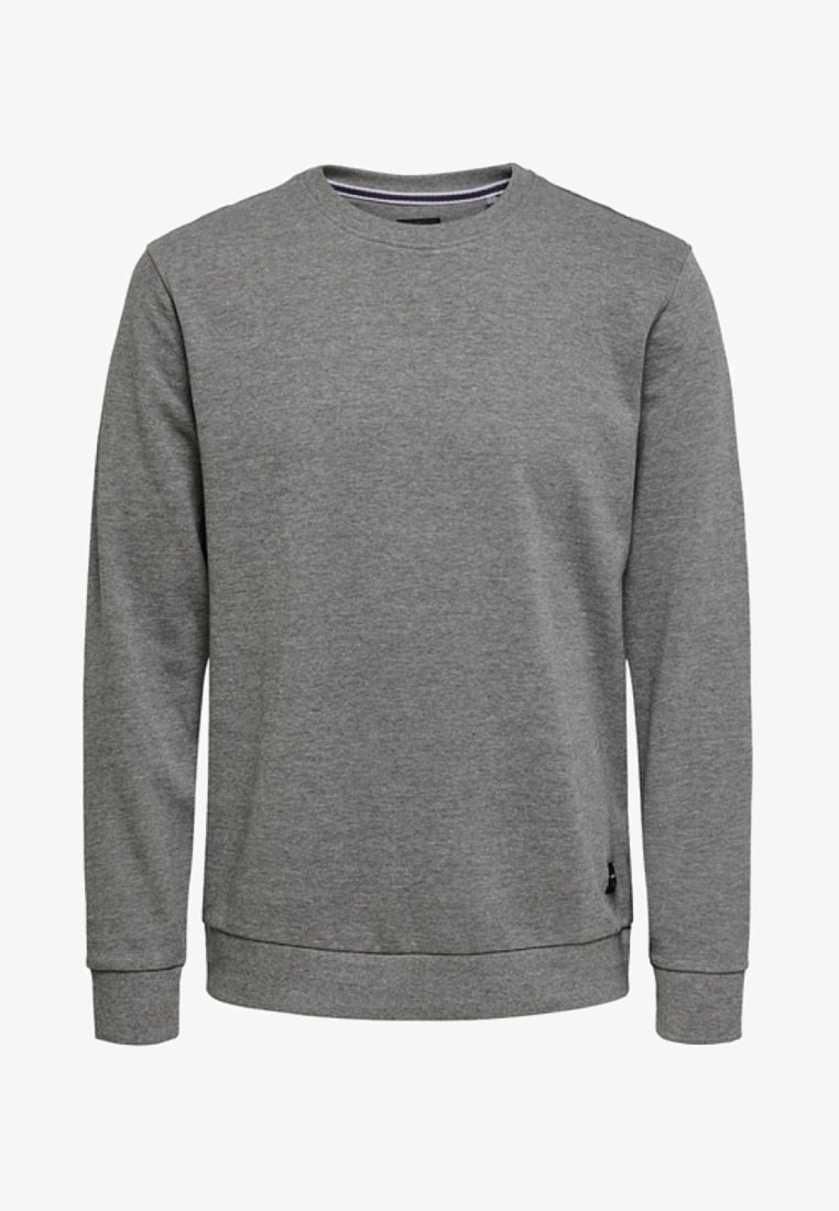 Sweat-shirt gris uni à manches longues et col rond, avec poignets et ourlet côtelés, en tissu doux.