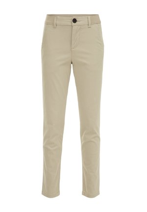 Pantalons pour hommes beige ajustés en tissu texturé, avec bouton frontal, fermeture éclair, passants de ceinture et poches latérales.