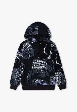 Schwarzer Hoodie aus weichem Stoff mit einem grafischen Muster aus Ringen. Mit einer vorderen Kängurutasche und einer Kapuze. Logo auf dem Ärmel.