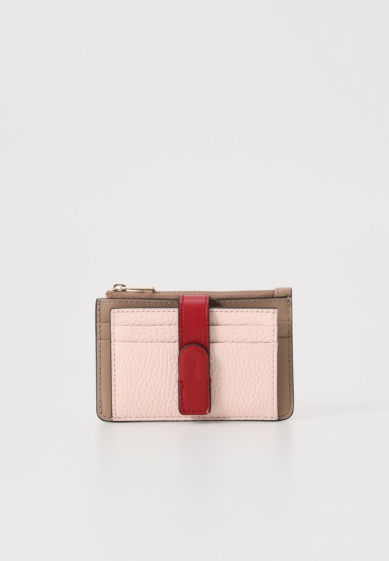 Leather wallet in pink, beige, and red with multiple card slots and a zipper compartment. Textured surface and contrasting accents.