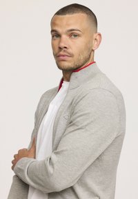 Pull en gris avec un col haut, accents rouges au niveau de l'encolure et un patch logo discret. Texture douce avec une coupe ajustée.