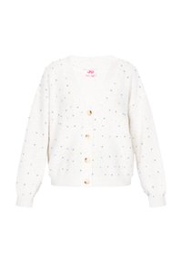 Fehér kötött kardigán V-nyakkal és öt fából készült gombbal, kék, arany és más árnyalatú színes foltokkal átszőve.