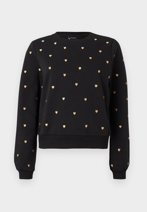Zwarte sweatshirt met gouden hartpatronen, ronde halslijn, geribbelde manchetten en zoom. Gemaakt van zachte stof, met een ontspannen pasvorm ontwerp.