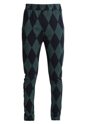 Slim-fit-housut, joissa on vihreä ja musta argyle-kohokuviomalli sekä joustava vyötärö, esitettynä valkoista taustaa vasten.