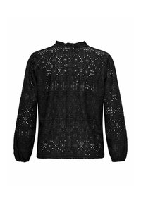 Blusa nera in pizzo con maniche lunghe, scollo arricciato, intricati motivi ricamati e un tessuto leggero e texturizzato.