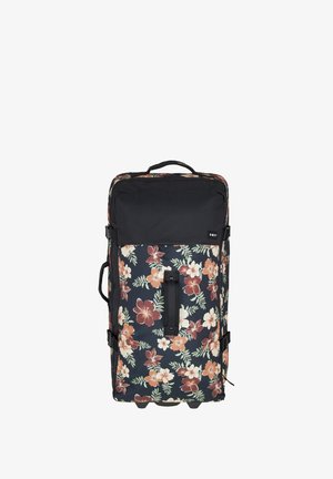 Black floral-printed backpack with orange and white flowers, sturdy top handle, front strap, and wheels for mobility.