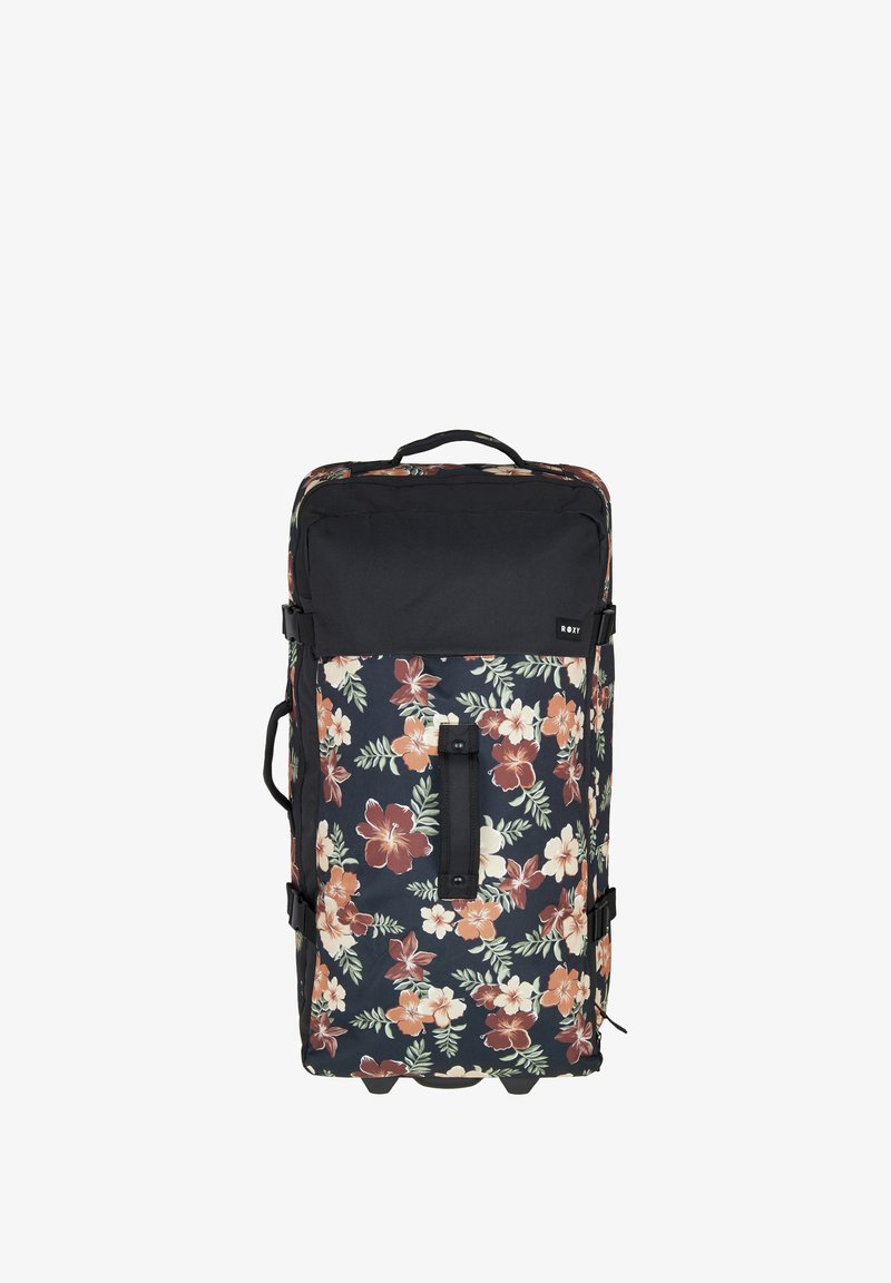Sac à dos noir à motifs floraux avec des fleurs orange et blanches, robuste poignée supérieure, sangle frontale et roues pour la mobilité.