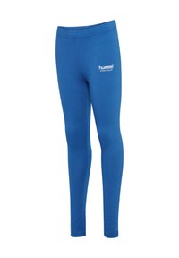 Niebieskie legginsy wykonane z elastycznego materiału, z logo w białym tekście z przodu. Mają gładką fakturę i dopasowany krój.