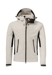 Light gray waterproof jacket with black accents, front zip closure, two zippered pockets, and adjustable hood with drawstrings.