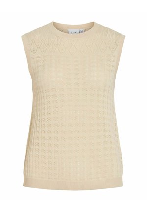 Top beige en maille sans manches avec des motifs ajourés en forme de losange et d’éventail, encolure ronde et bord-côtes à l’ourlet et aux emmanchures.